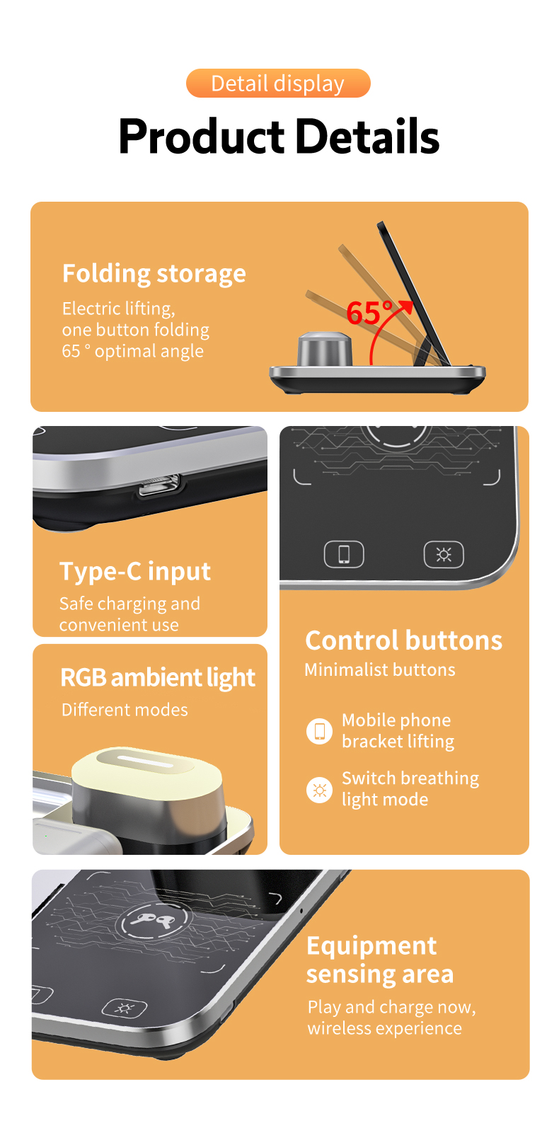 OEM 15W 10W Fast Qi LED Light 3 In 1 Wireless Charging Station For Mobile Phone Tablet