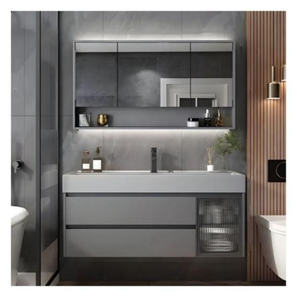 Solid Wood Grey Lacquered Bathroom Vanity with Glass Door Panel and Integral