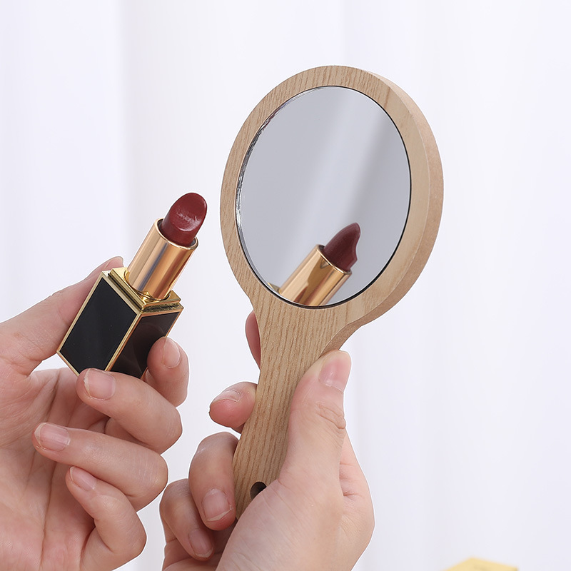 Hand-held wooden beauty mirror portable handle dressing mirror home bathroom round small mirror