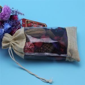 Dry Flower Package Transparent PVC Window Jute Drawstring Bag