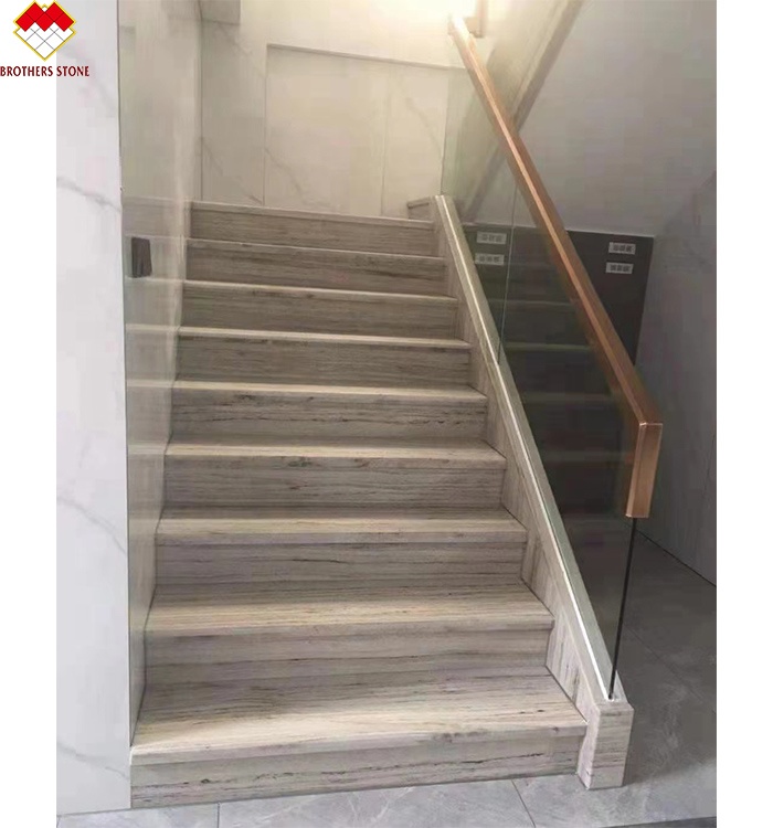 Wooden Veins White Marble Staircase LED Customized Size Step Tiles for Straight Stair