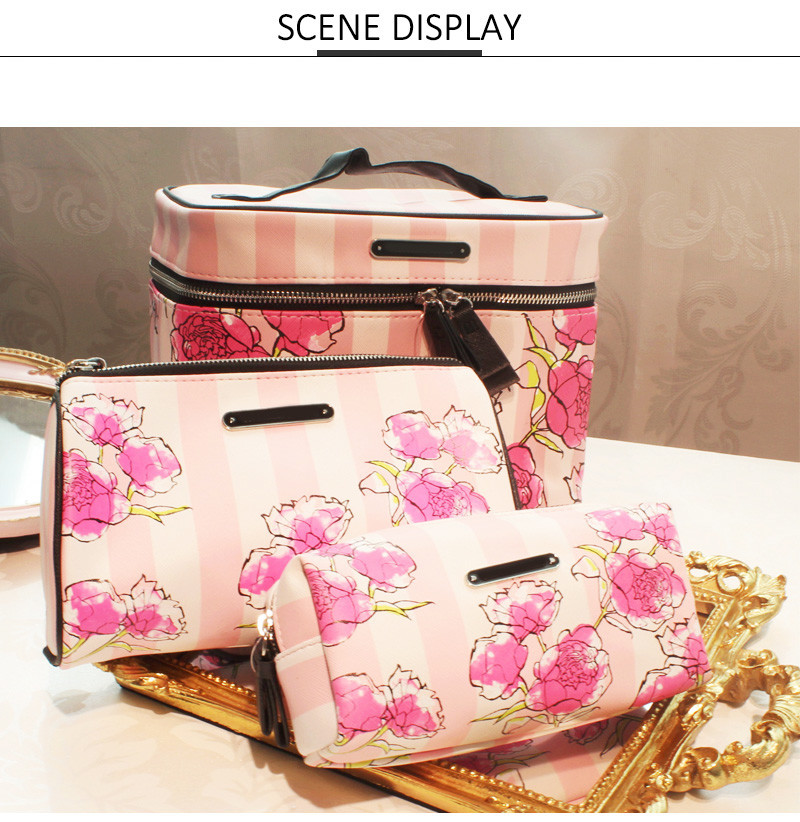Beauty Make Up Flower Printing PU Leather Cosmetic Bag Set