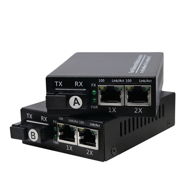 100M 1 Fiber+2Rj45 Port Ethernet To Fiber Media Converter With SC Connector