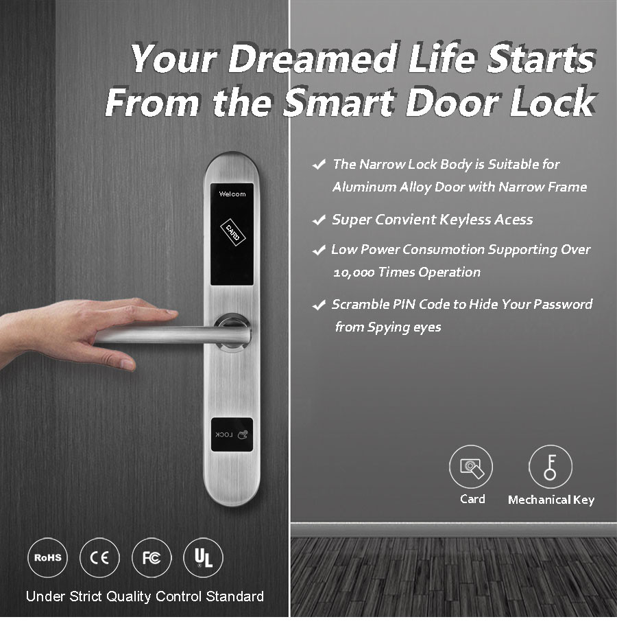 Aluminum Sliding Door Lock Smart Card Key Unlock 20% ~ 90% Working Humidity
