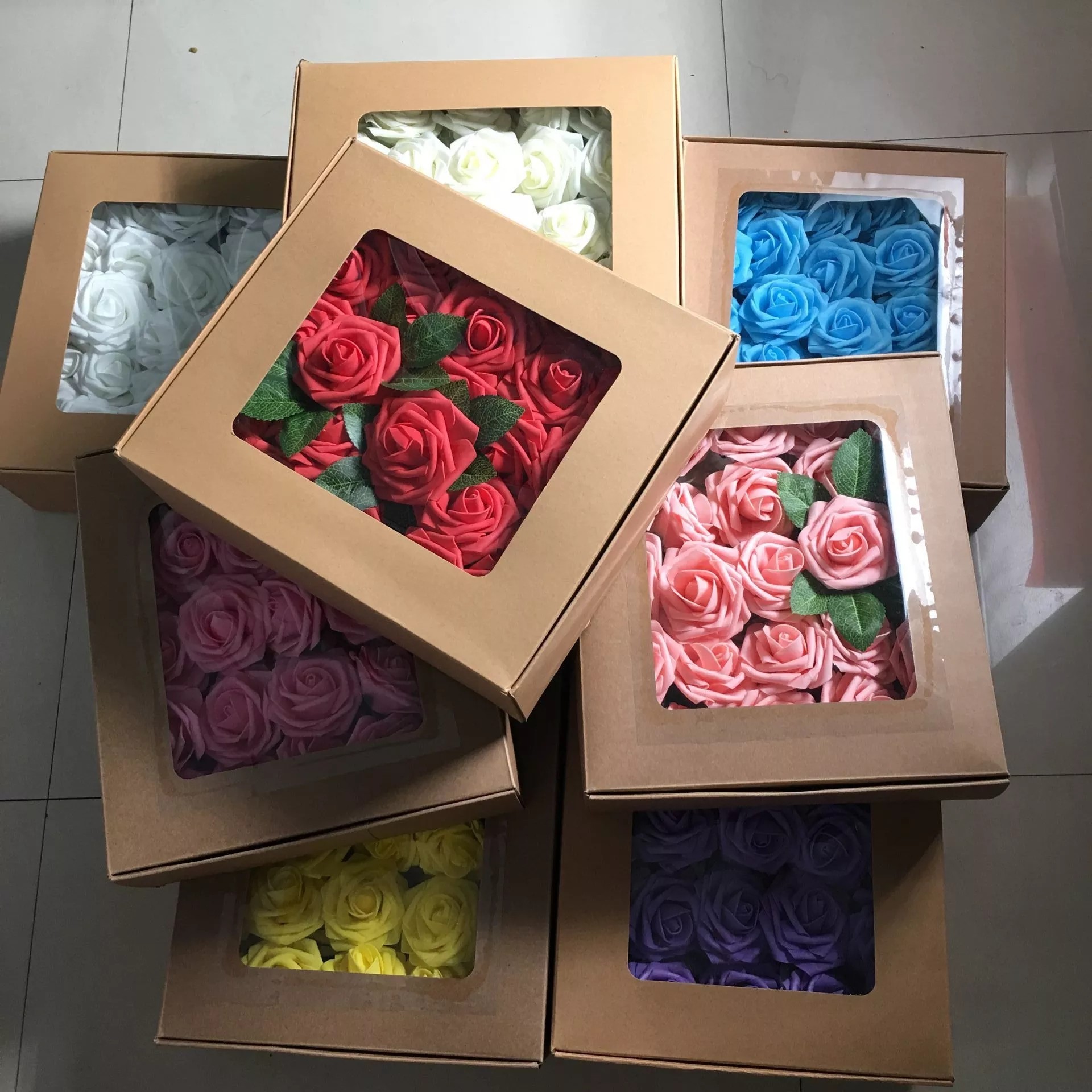 Artificial Flower Foam Rose With Leaf and Stem For Wedding gift Birthday gift Christmas Day Gift