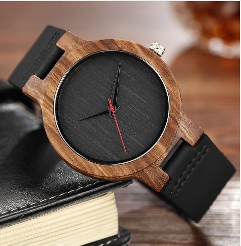 Simple Dial Wooden Quartz Watch With Leather Band And 2 Year Battery