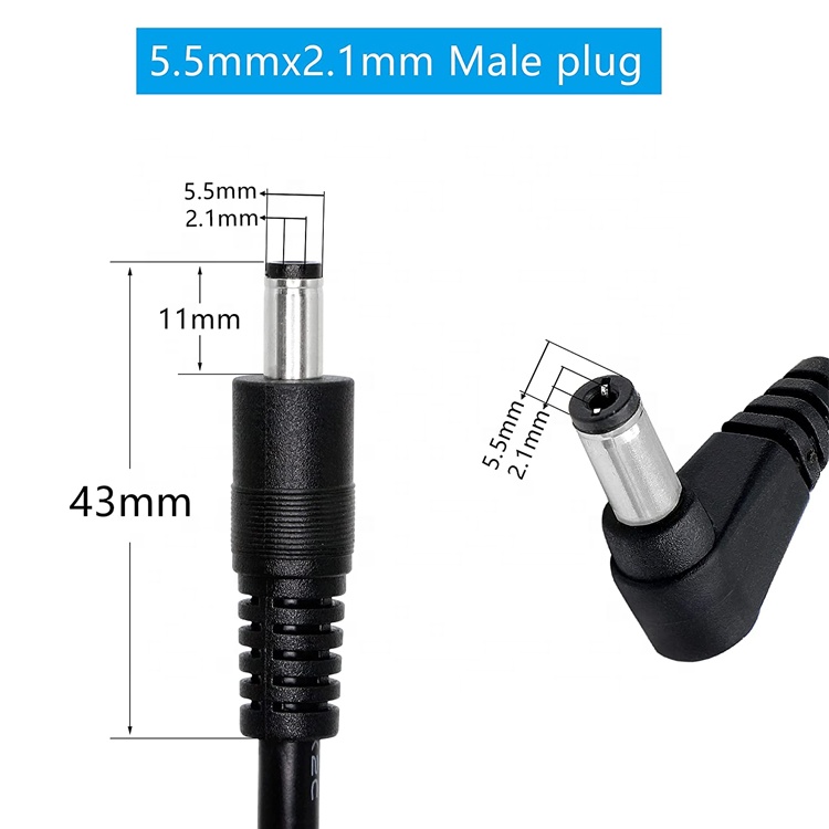90 Degree Right Angle Male to Straight Male 5.5x2.1mm Barrel Jack DC Power Extension Cable