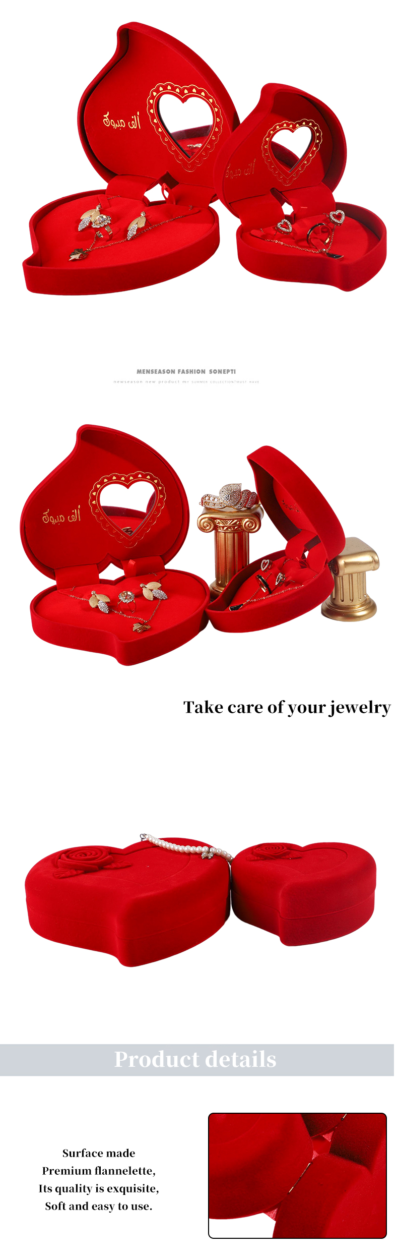 Velvet Jewelry Box for Red Love Ring Necklace and Stud Earrings Set Custom Packaging