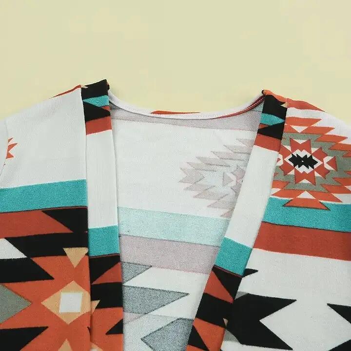 Western Style Clothing Geometric Color Block Cardigan Knitted Print Long Cardigan Coat for Women