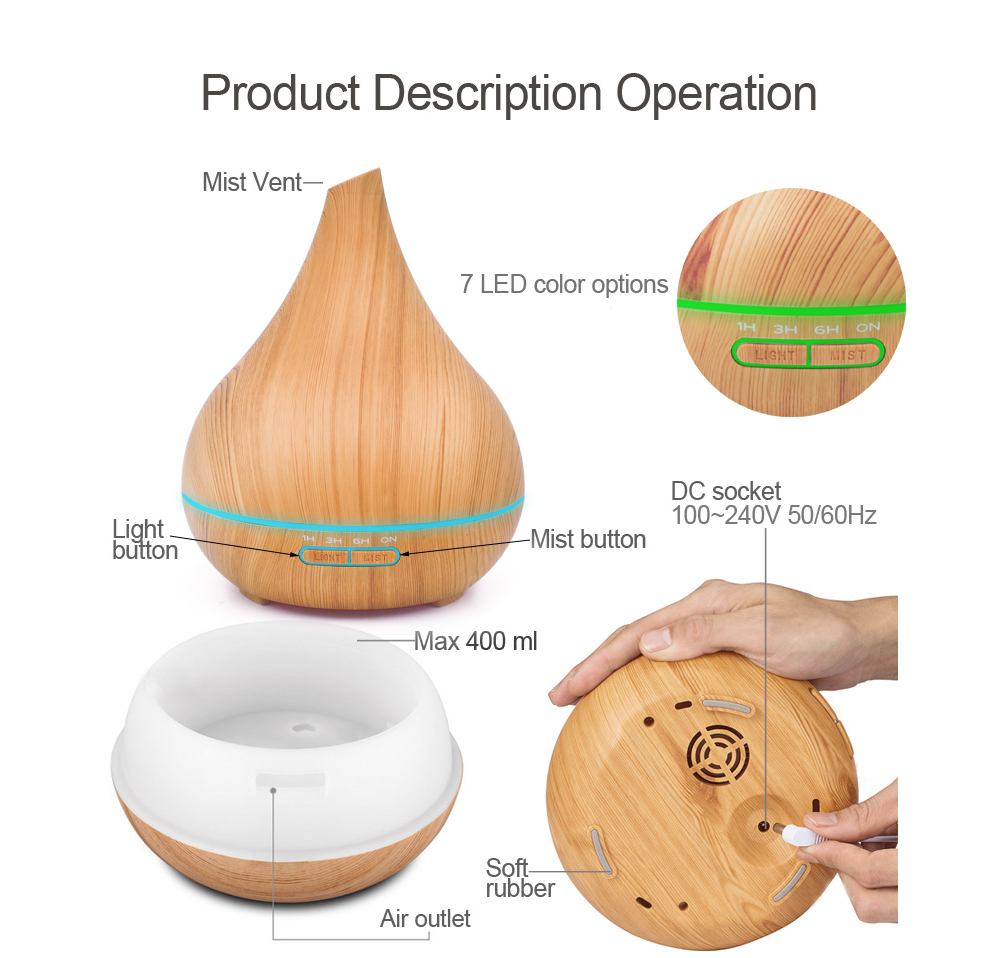 400ml Capacity Mini Aroma Oil Diffuser Wooden Aromatherapy Machine Quiet Remote Control Aroma Diffuser with LED Light