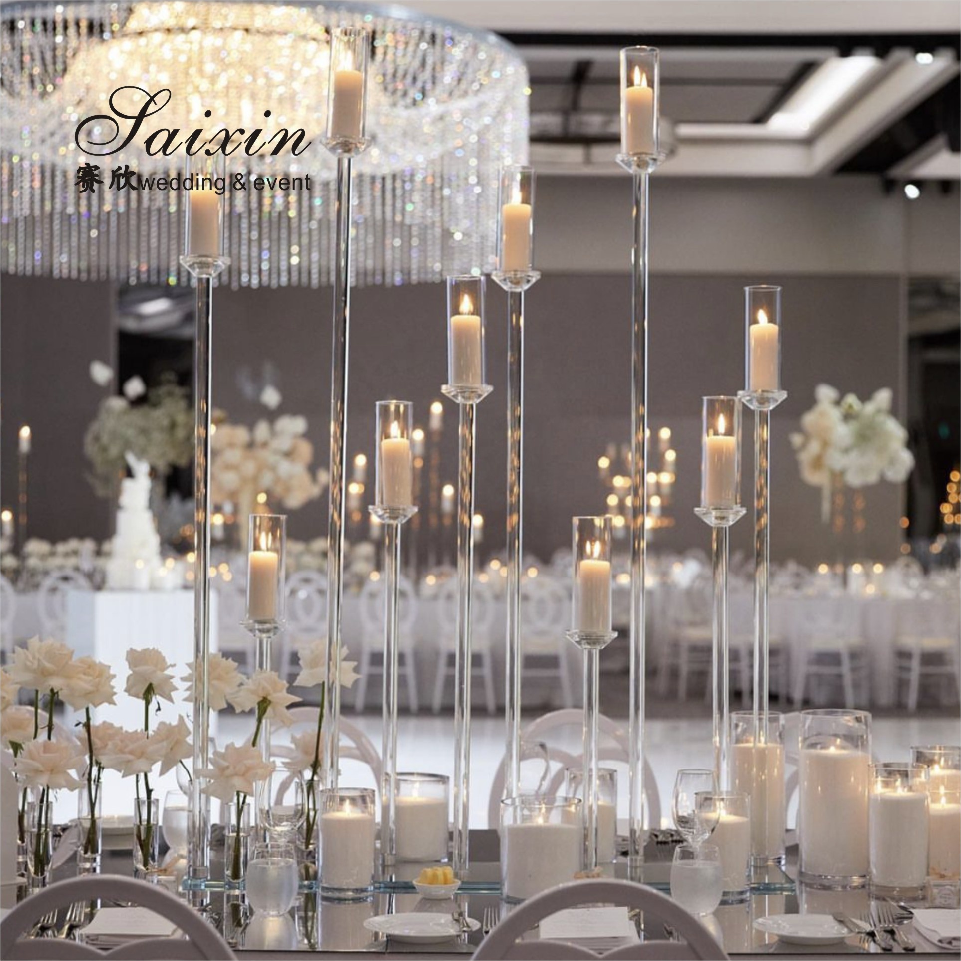 Long Stem Hurricane Pillar Gold Wedding Candle Holder With Chimney Tubes 3pcs Set 80cm