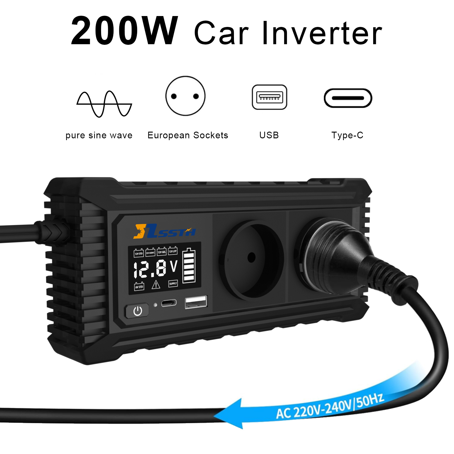 12V DC to AC 110V 220V Car Power Inverter with USB and Type C
