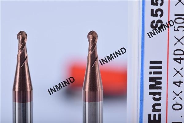R1.0 R2.0 Ball Nose End Mill , 2 Flute , Grain Size 0.6UM , TiSiN Coating 2mm to 4mm , Copper Colour