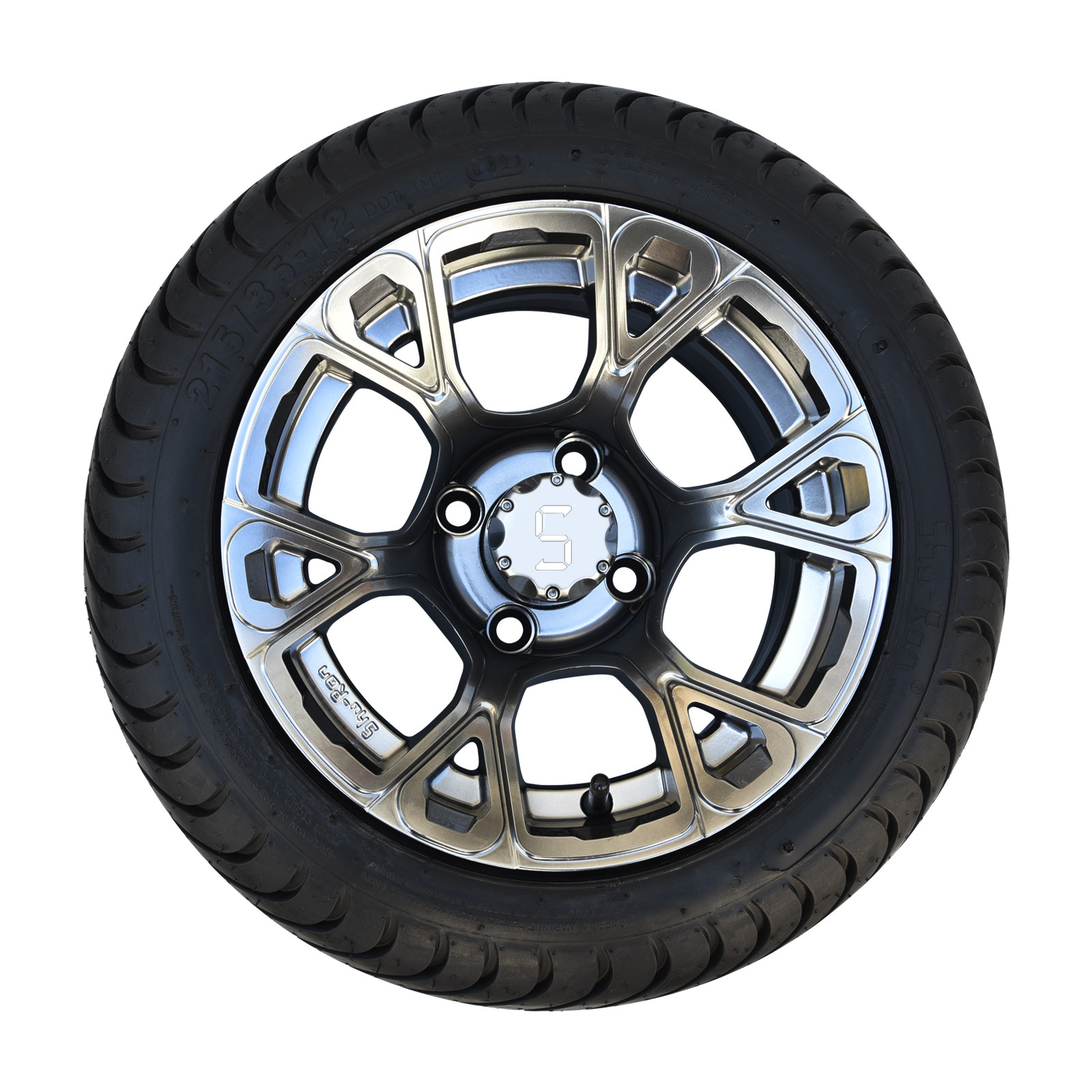 Golf Cart 215/35-12 Tyre and 12" Highlighting Gloss Black/Dark Silver Wheel Combo