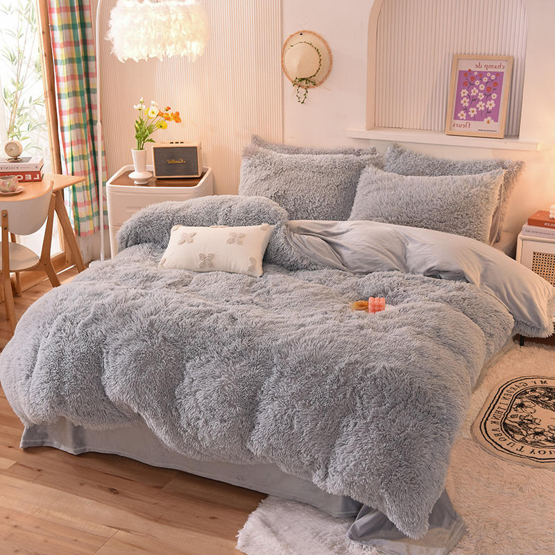 Soft and Warm Sheet Set for Kids Girl Rainbow Color Bed Sets Fur Velvet Fluffy Plush 4 Pcs