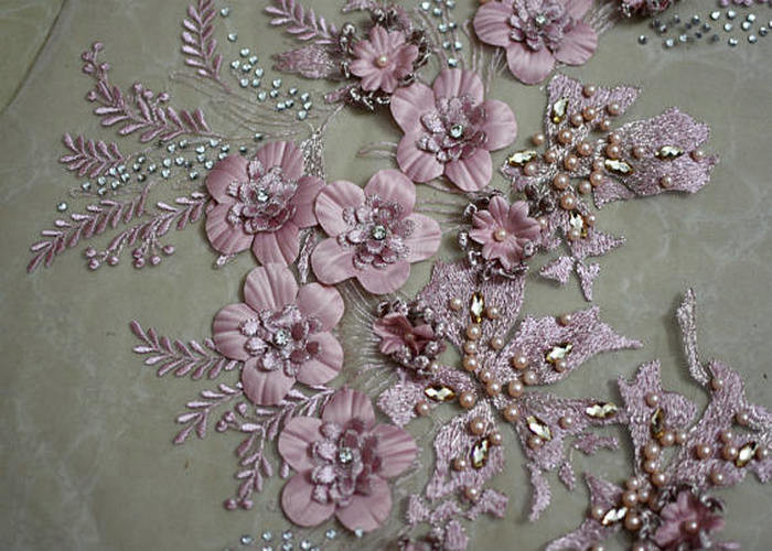 Embroidered 55 Inch Peach Color 3D Floral Rose Lace Fabric With Beads And Sequins