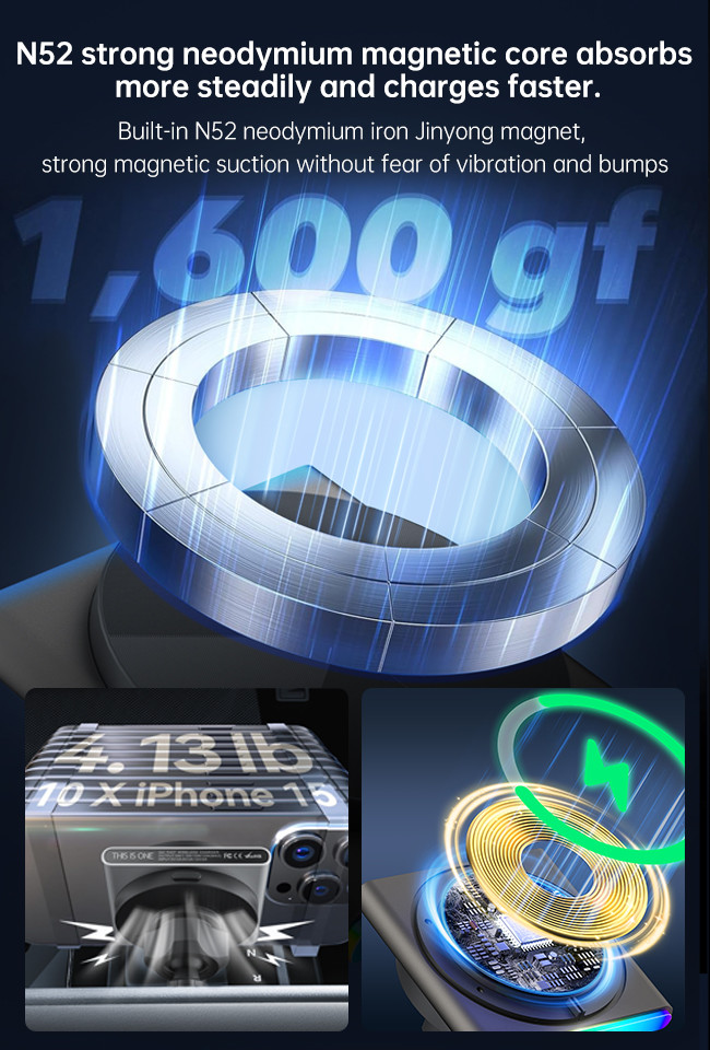 Qi2 Wireless Charger For Automotive Ultra-Thin Design Metal Material 9-Color RGB Light Effect One-Hand Operation Fast Charging