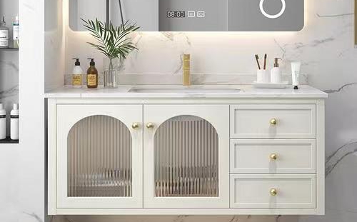 Home Bathroom Vanity Cabinet with Light and Mirror Luxury Wood Evkur Design Lacquer