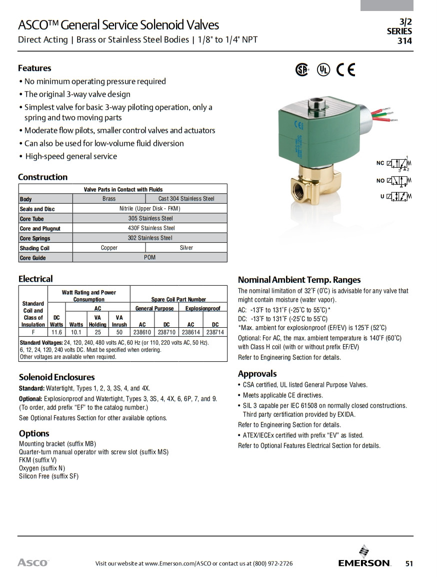 ASCO Series 314 3/2 Solenoid Valve Direct Acting Universal 1/8" 1/4" NPT Steel Brass Body