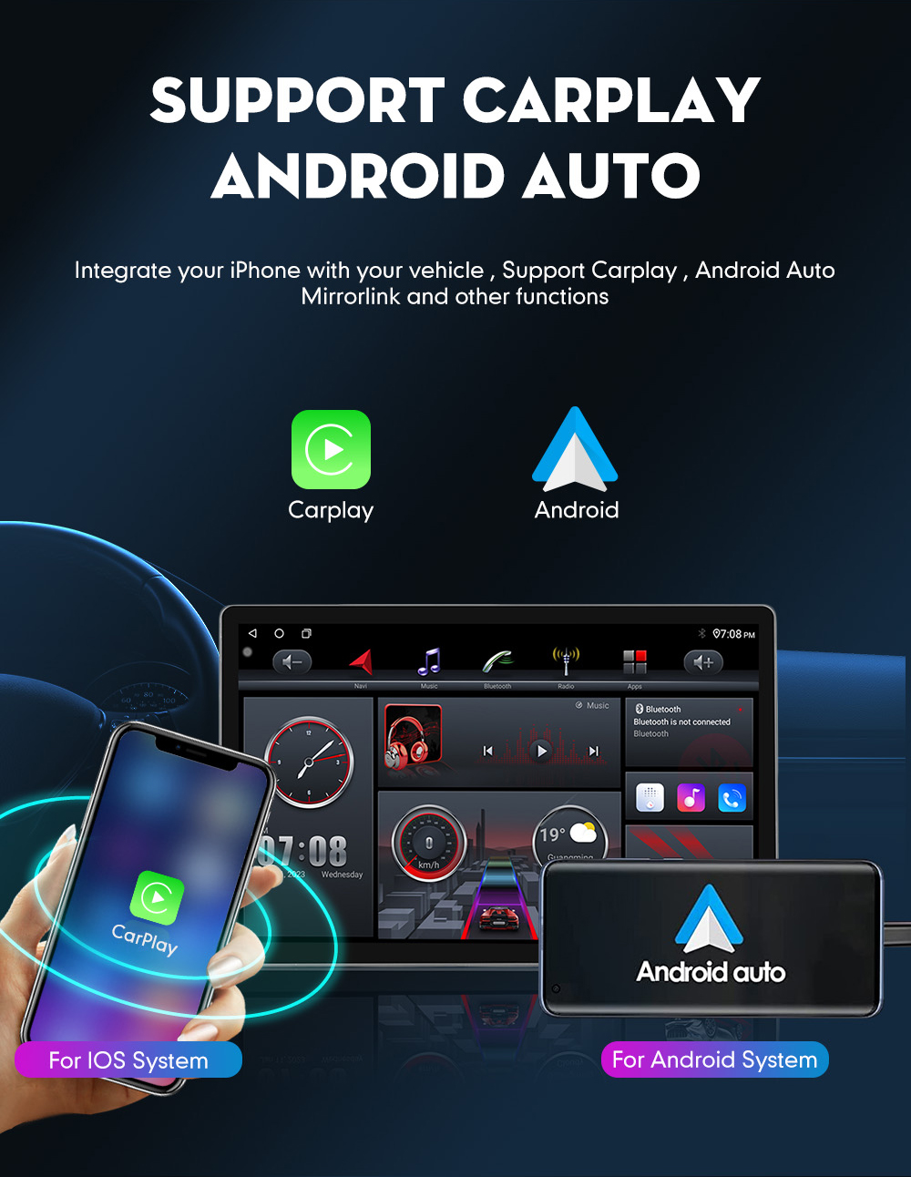 4/64gb Android Auto Head Unit 13 Inch Car Navigation with Carplay and Bluetooth 5.0