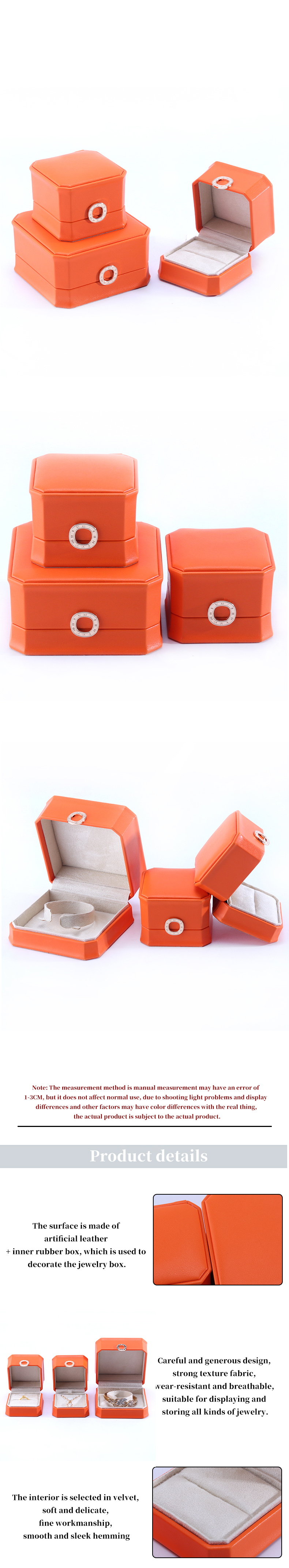 Square Orange PU Leather Jewelry Packaging Box for Necklace Bracelet and Wedding Ring