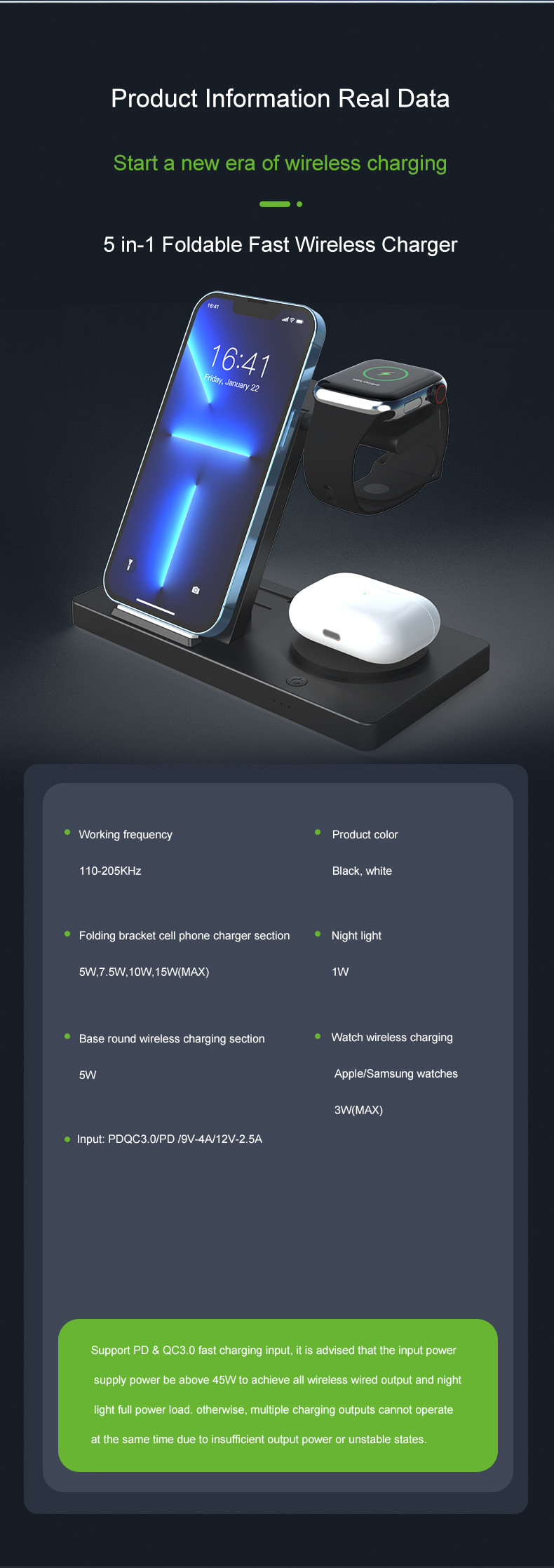 Foldable Wireless Charging Station for Smartphones Earbuds Watches 3W Watch Charging 15W Phone Output Custom