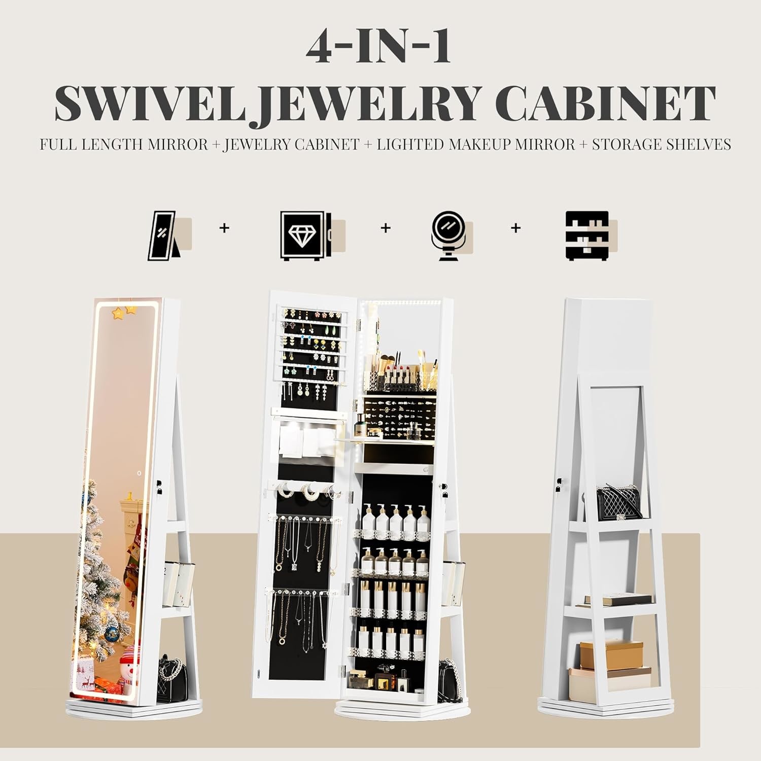 LED Full Length Mirror Jewelry Cabinet Dimmable Standing Mirror Jewelry Box Lockable
