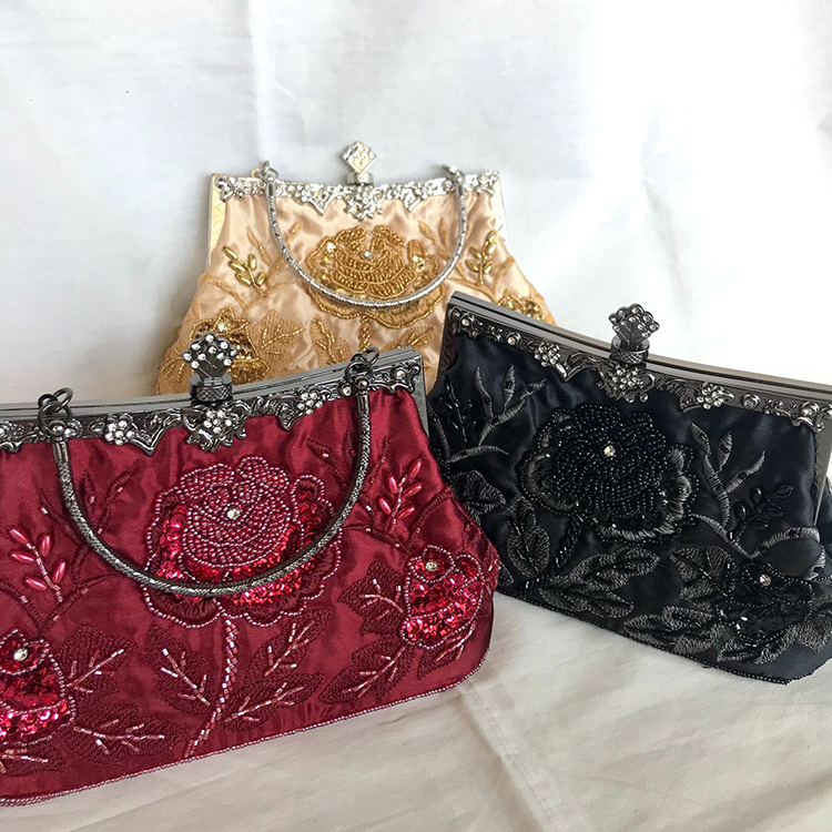 Vintage Floral Beaded Sequin Rhinestone Embroidery Clutch Evening Handbag for Women