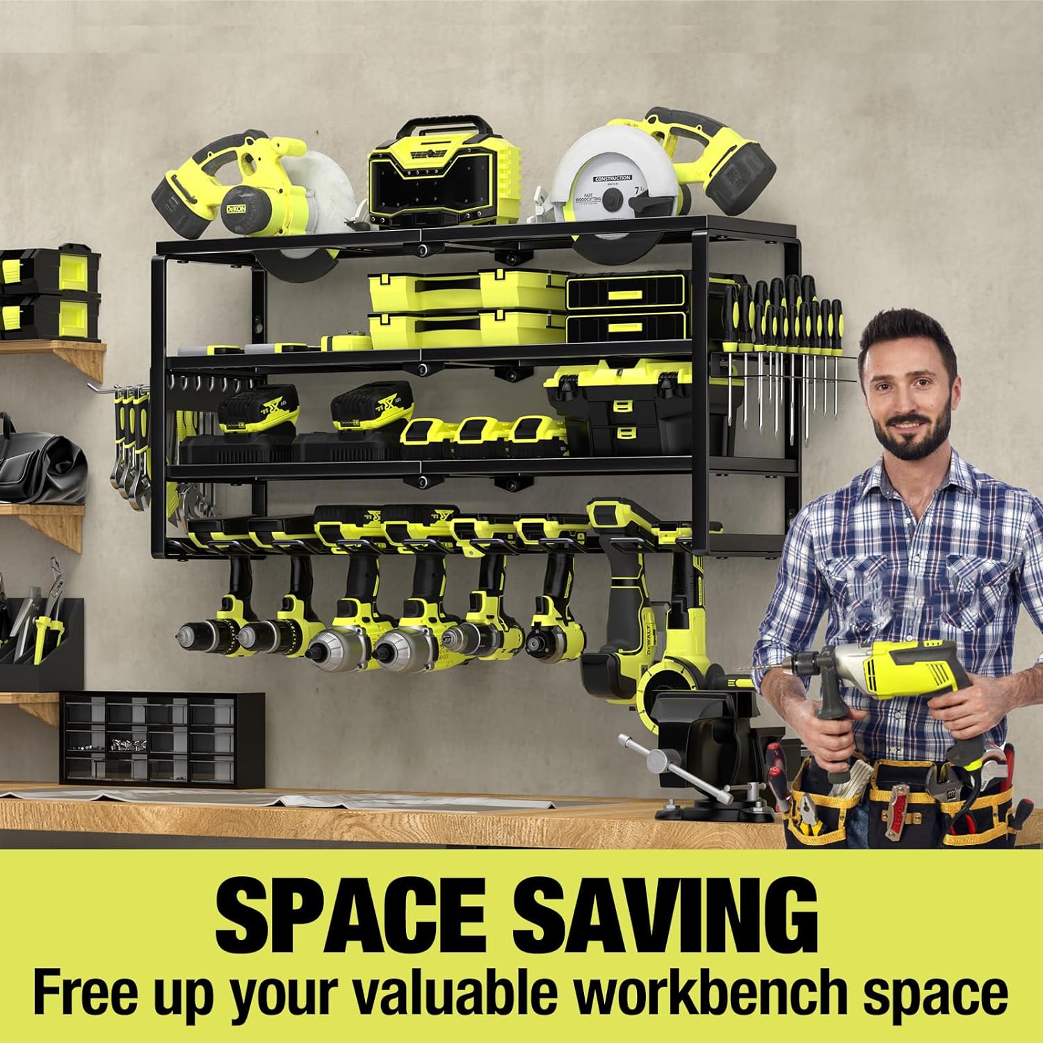 Adjustable Wall Track 4 Layer 8 Drill Holder Power Tool Organizer for Garage Workshop