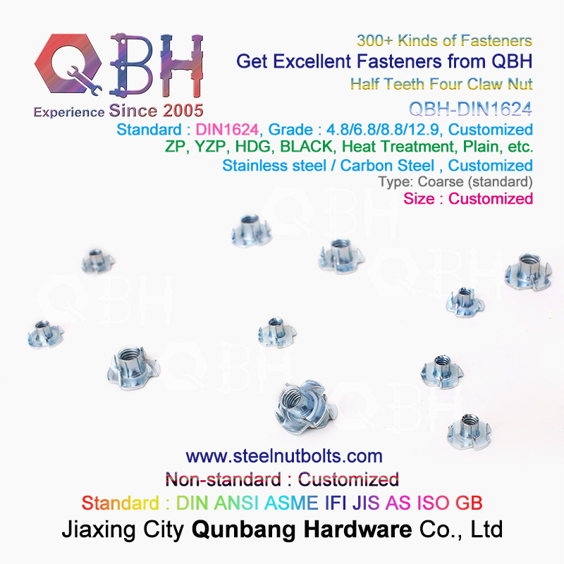 QBH M4-M10 DIN1624 Blue White Yellow Zinc Plated Carbon Steel Half Teeth Four Claw T Nuts