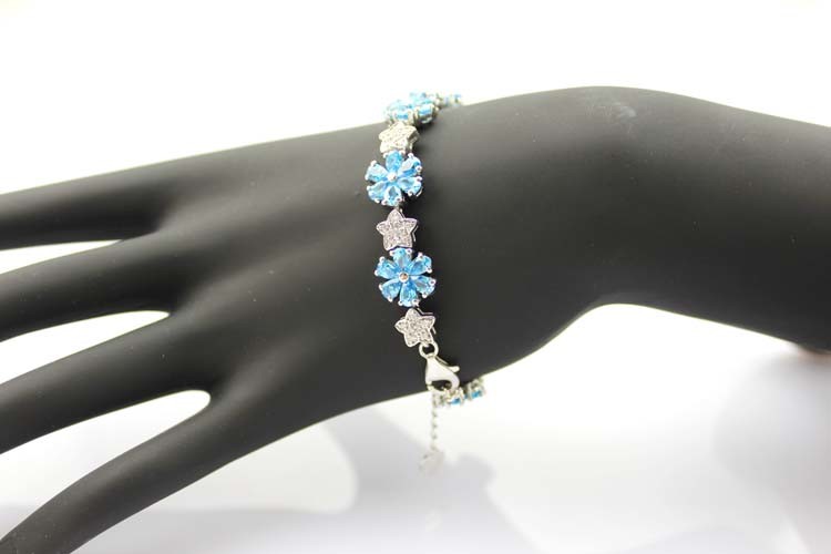 Sterling Silver Link Flower Blue Topaz Cubic Zircon Tennis Bracelet(B01BLUE)