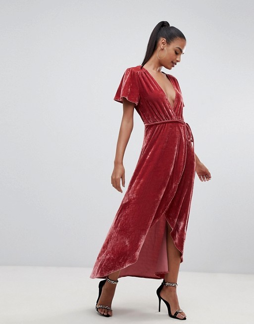 OEM short sleeve pink velvet wrap midi dress