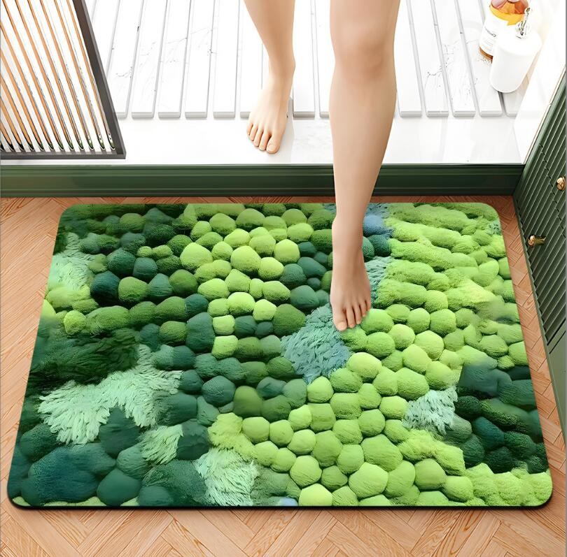 Moss Green Plant Non-Slip Absorbent Bath Mat Flocking Bathroom Waterproof Carpet