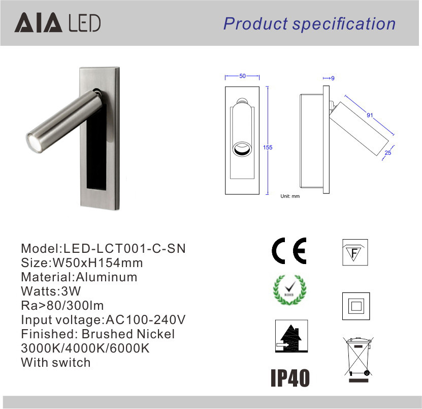 Recessed mounted any finish reading wall light 3W led wall lamp led reading bedside lights