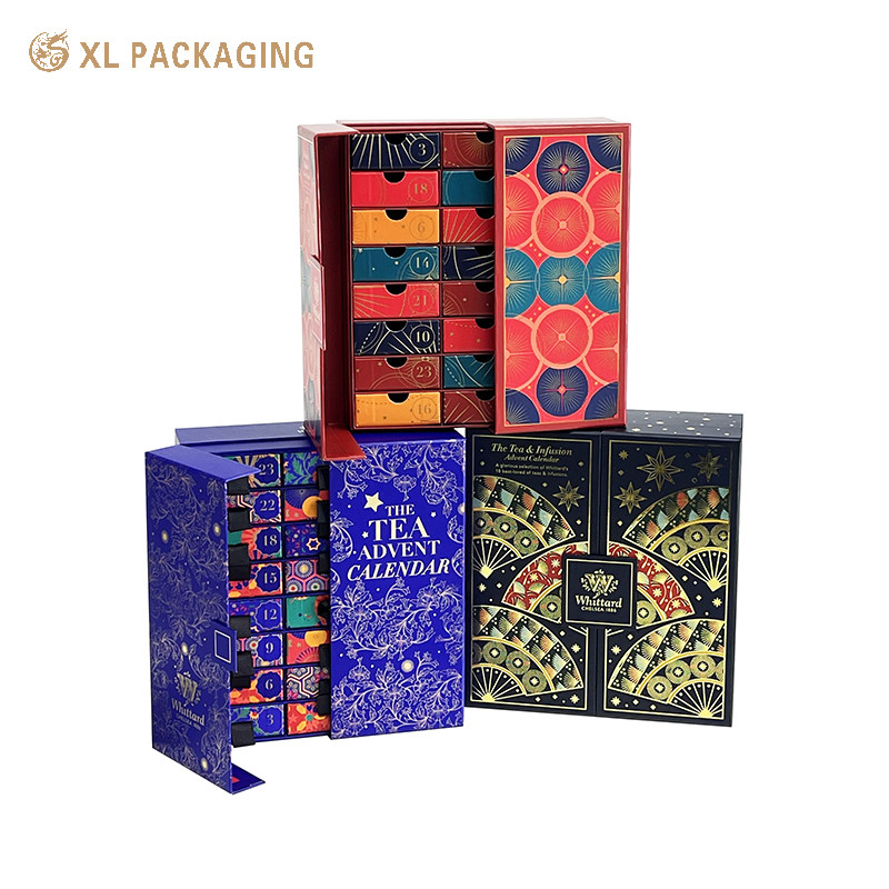 OEM 24 Drawer Advent Calendar Box Tea Bag Hot Chocolate Bag Hot Coffee Calendar Paper Box For Gift