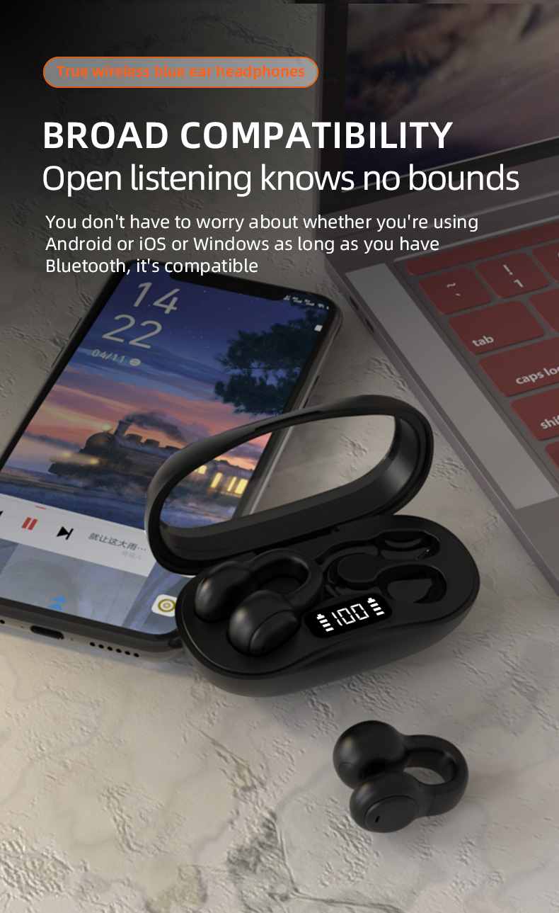 HiFi Stereo Bone Conduction True Wireless Earphone with 20cm Charging Cable and Mic
