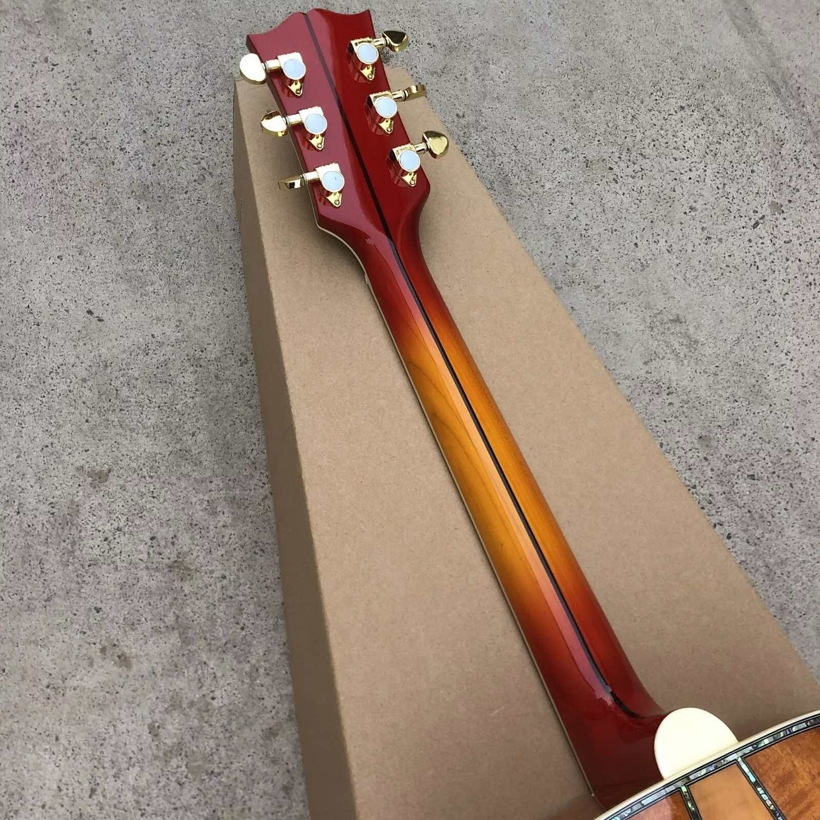 Custom 43 Inch Cherryburst Solid Spruce Top Abalone Inlays Maple and Koa Back Side Acoustic Guitar