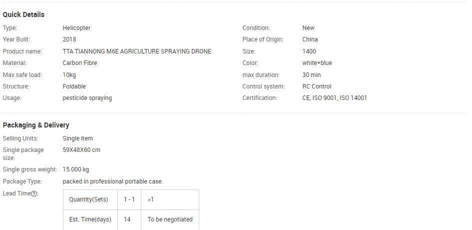 Tta M6e 6 Rotors Drones/Uav with Camera, Pesticide Spraying Drone