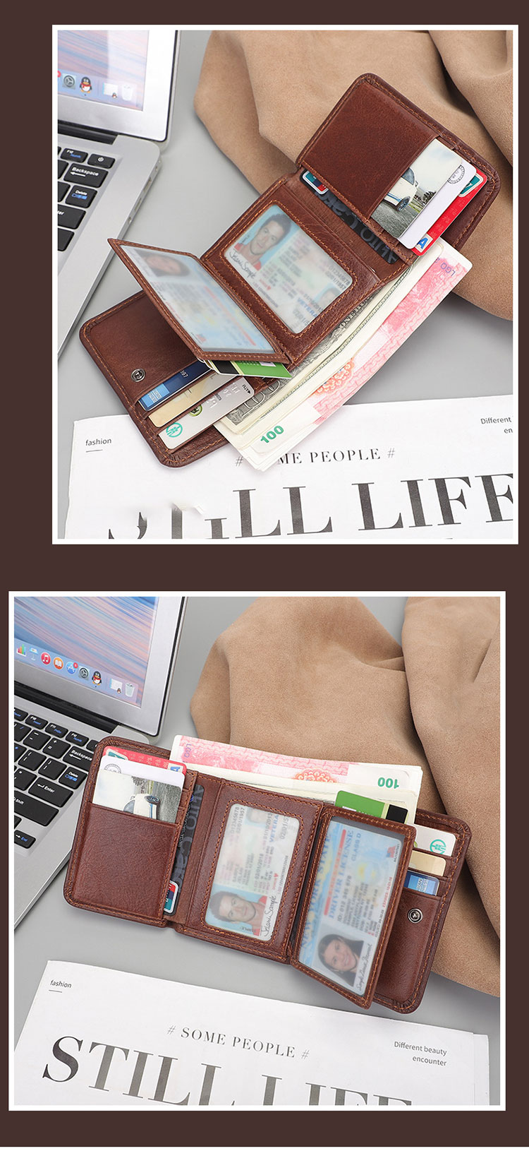 Customized Crazy Horse Leather Men's Trifold Wallet with RFID Blocking Technology