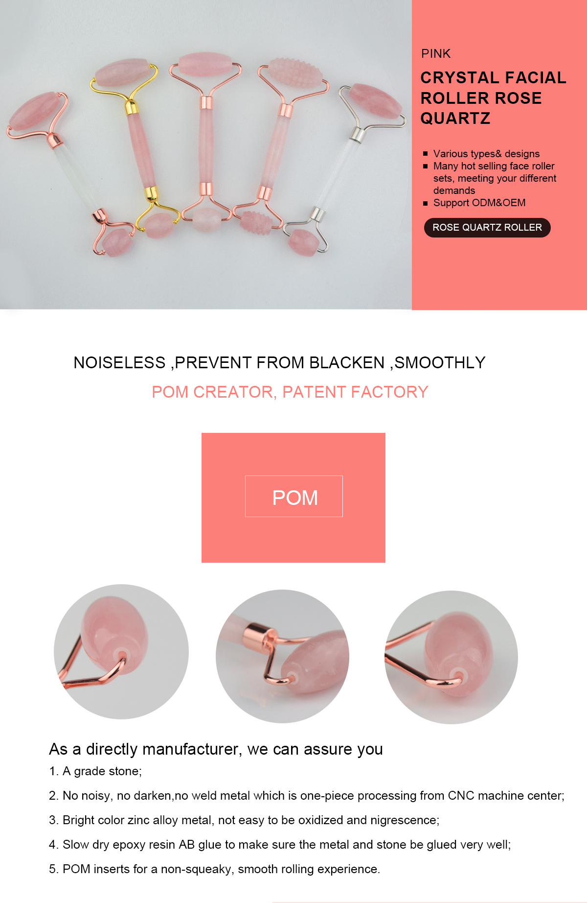 Pure Natural Rose Quartz Jade Facial Roller Massager Jade Facial Tool