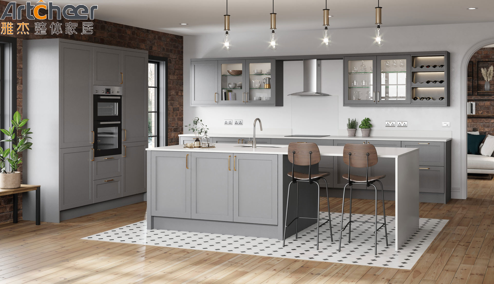 Custom Made Small Apartment Kitchen Cabinets with Crystallized Glass Panel Countertop