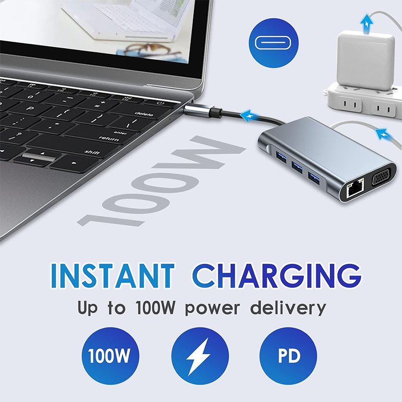 Multi Function 8-In-1 USB-C USB C Docking Station with Dual 4K HDMI and 2 HDMI Ports Gray