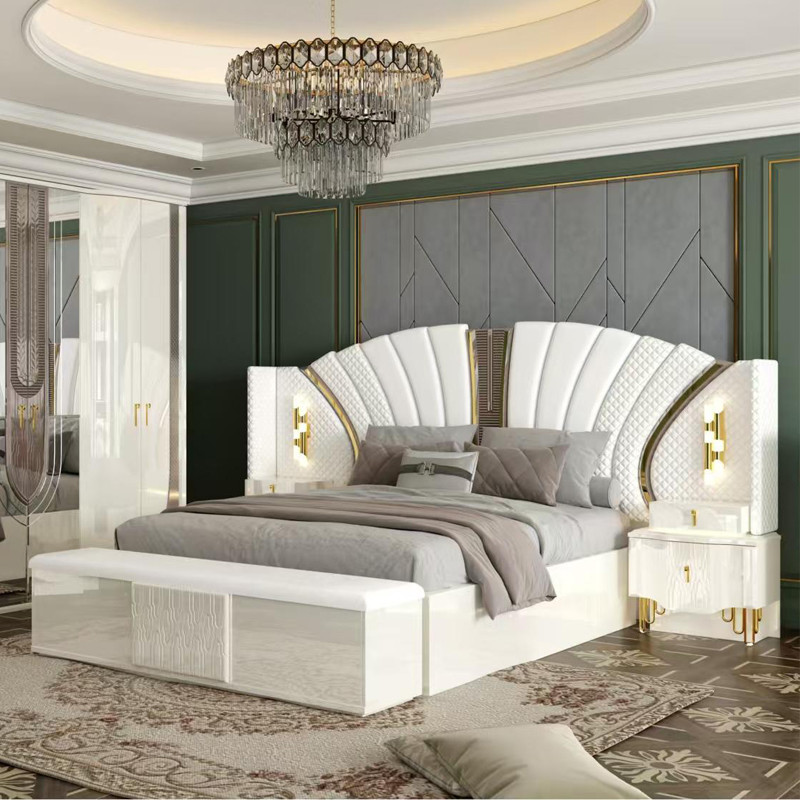 OEM Wholesale White Royal Luxury Double King Size Bed Master Room Modern Home Wooden Frame Full Bedroom Furniture Set