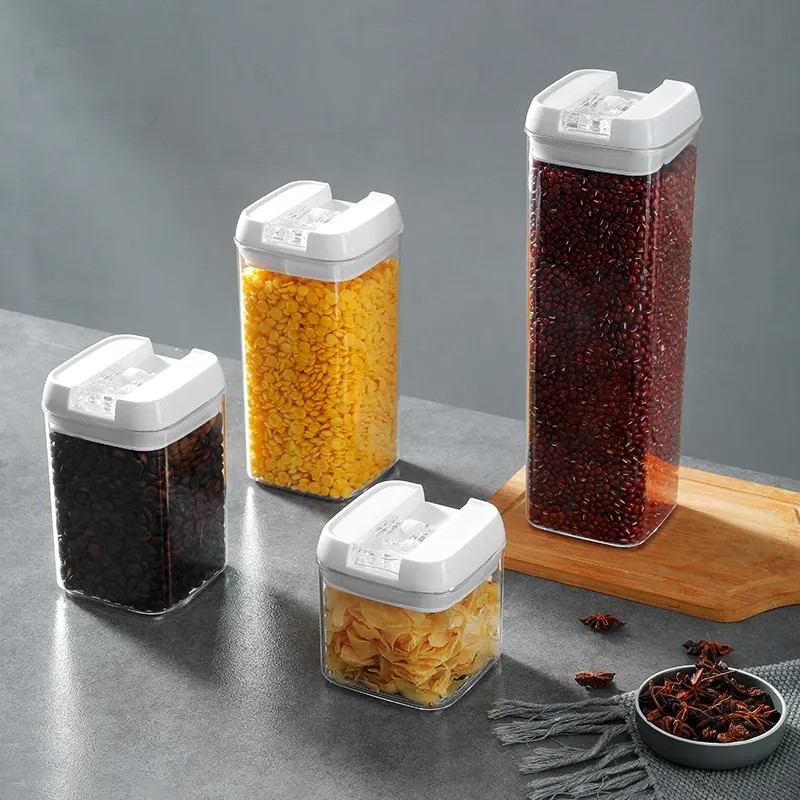 9 Pcs Set Stackable Transparent Pantry Airtight Cereal Dry Food Plastic Storage Containers with White Lid