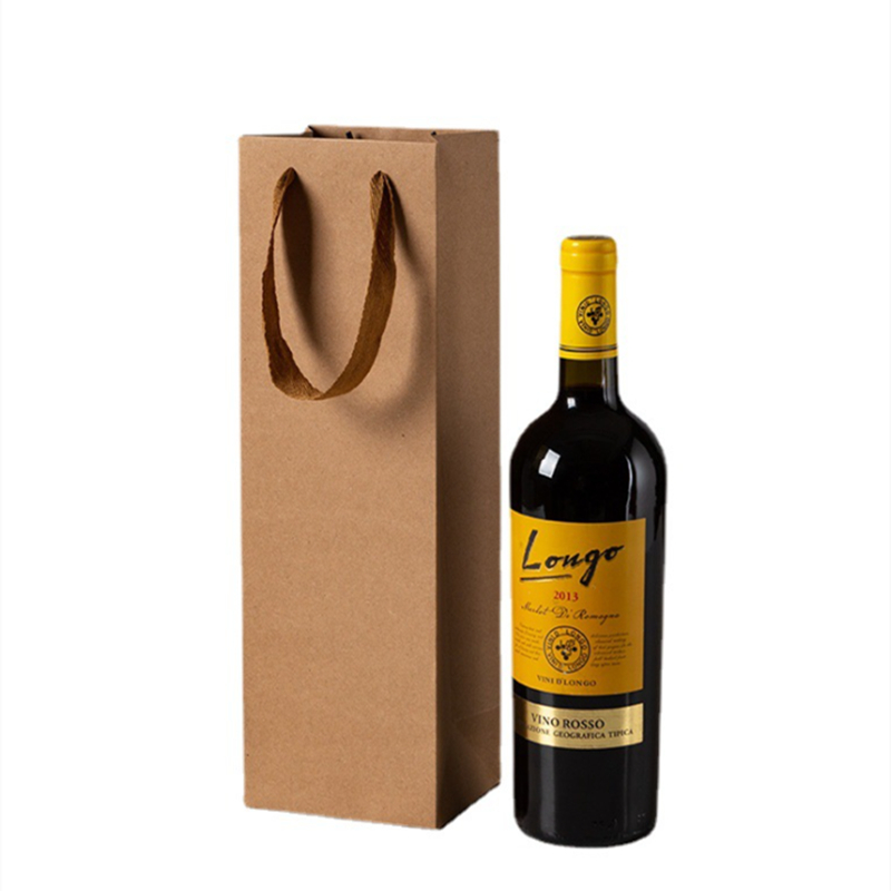 Drawstring Handle Recyclable Paper Kraft Wine Bottle Box Bags Coated Paper