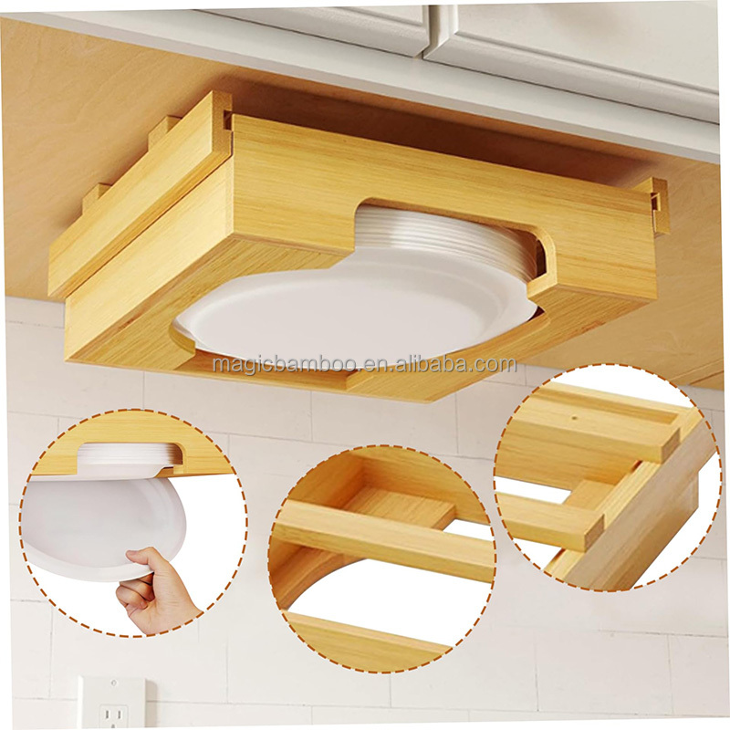 Bamboo Kitchen Party Organizer Utensil Caddy Paper Plate and Napkin Cabinet Dispenser