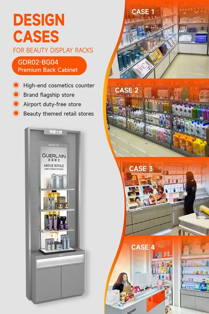 GDR02-BG04 Premium Skincare Display Cabinet with LED Strip Lights and Silver Mirror for Fashion Boutiques