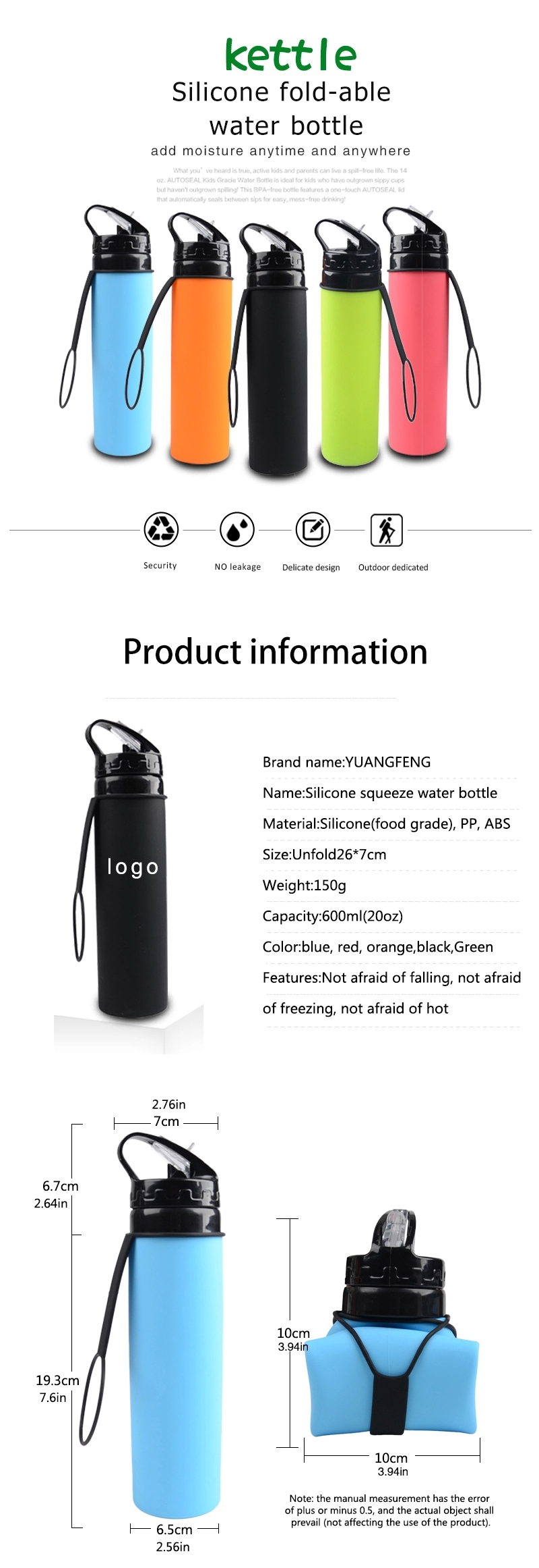 600ML Camping Collapsible Silicone Water Bottle Water Bottle For Outdoor