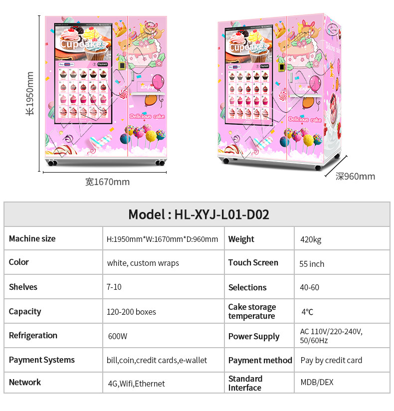 Lift System Refrigerator Automatic Cupcake Vending Machine Salad Fresh Food Vending Machine With 21.5inch Touch Screen