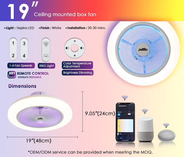19 INCH/OEM LED Ceiling Fan with White Finish and RGB Atmosphere Light Hidden Blades